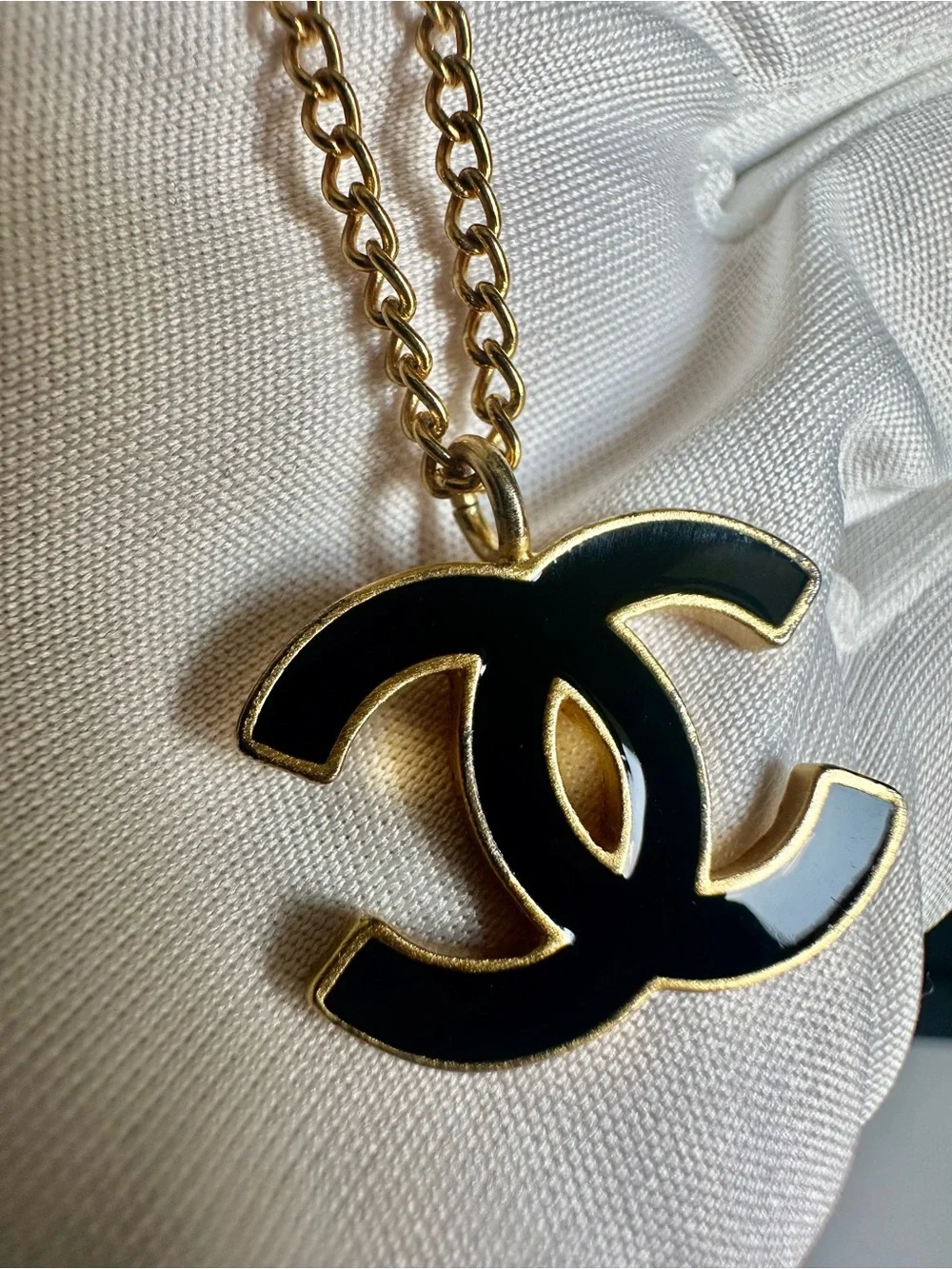 Vintage CHANEL 02A Black Enamel Gold CC Logo Pendant Necklace